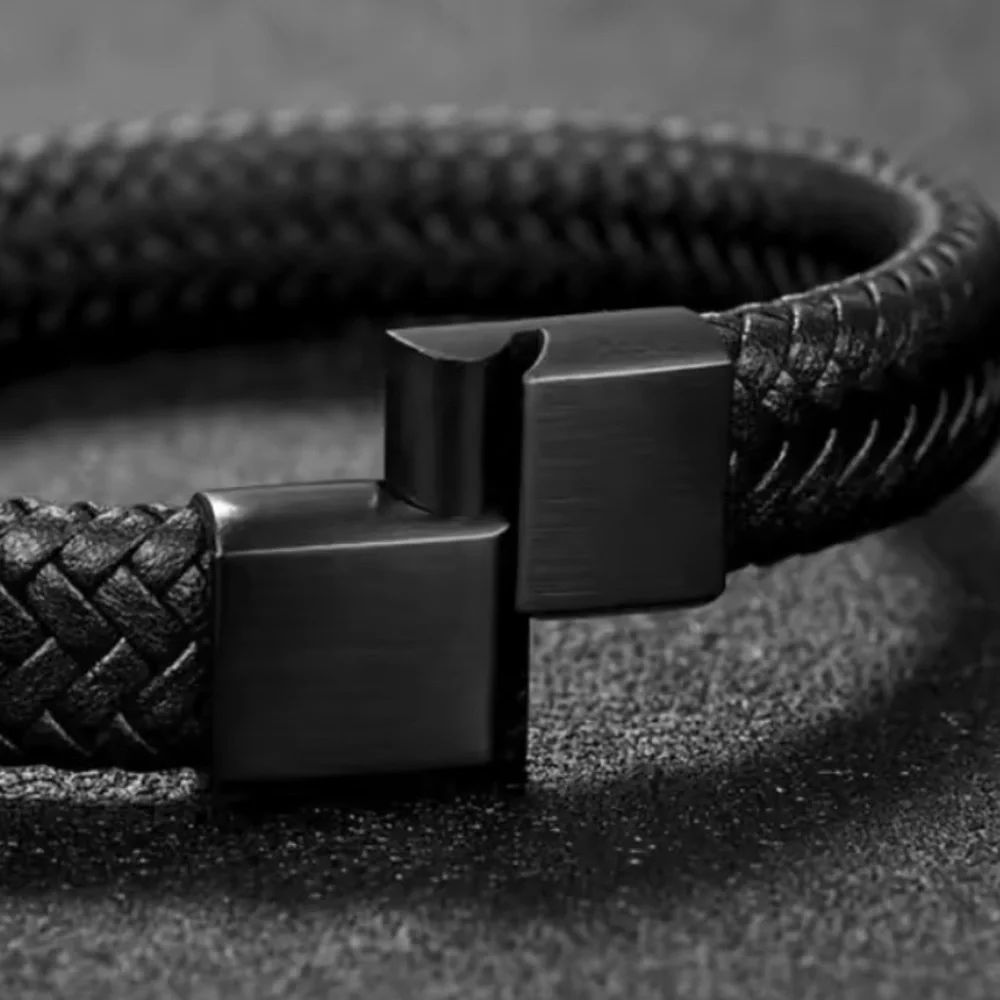 MEN NEW Black Braided Leather Bracelet